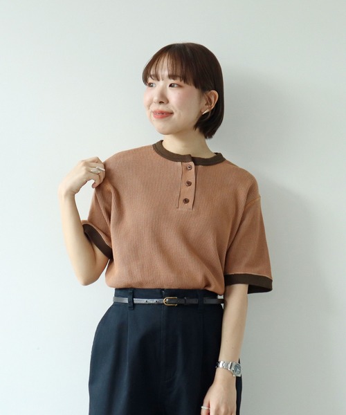 PAR ICI（パーリッシィ）の「タックワッフル ヘンリーネック半袖カットソー（Tシャツ/カットソー・レディース・ネイビー/オレンジ/グレー・FREE）」の22枚目の写真