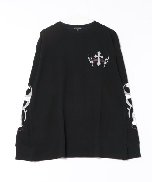 BENDER TOKYO(ベンダートウキョウ)の「ファイヤー クロスモチーフ トライバルロゴ ウィング バックプリント 袖プリント サーマル ワッフル オーバーサイズ ロングTシャツ【UNISEX】(Tシャツ/カットソー・メンズ・ホワイト/ホワイト系その他/ブラック系その他/ブラック・M/L)」の4枚目の写真