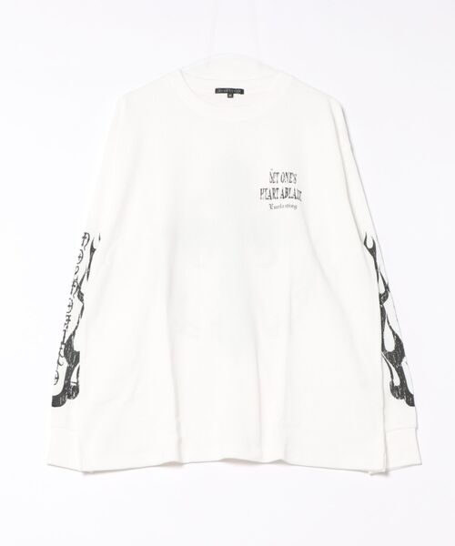 BENDER TOKYO(ベンダートウキョウ)の「ファイヤー クロスモチーフ トライバルロゴ ウィング バックプリント 袖プリント サーマル ワッフル オーバーサイズ ロングTシャツ【UNISEX】(Tシャツ/カットソー・メンズ・ホワイト/ホワイト系その他/ブラック系その他/ブラック・M/L)」の1枚目の写真