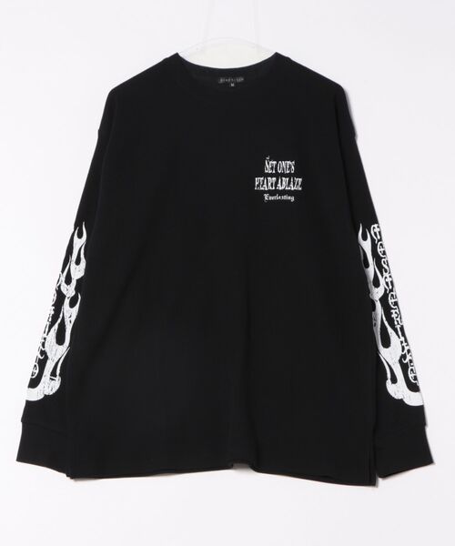 BENDER TOKYO(ベンダートウキョウ)の「ファイヤー クロスモチーフ トライバルロゴ ウィング バックプリント 袖プリント サーマル ワッフル オーバーサイズ ロングTシャツ【UNISEX】(Tシャツ/カットソー・メンズ・ホワイト/ホワイト系その他/ブラック系その他/ブラック・M/L)」の2枚目の写真