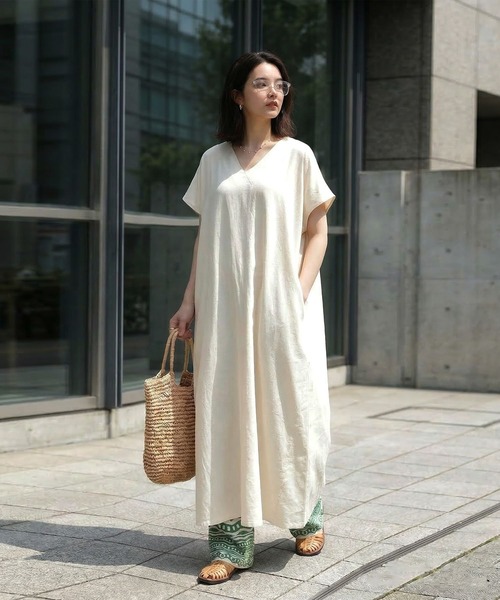 セール】リネンタッチ フレンチスリーブ ワンピース（ワンピース