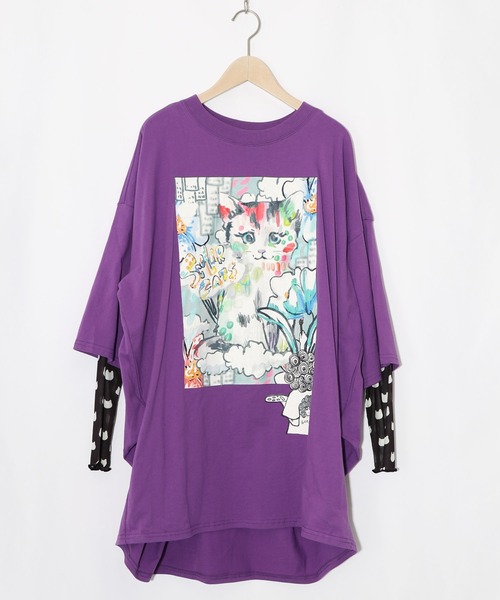 ScoLar(スカラー)の「161634:画家スカラーちゃんネコ柄チュール切替チュニック(チュニック・レディース・ブラック/オフホワイト/パープル・M)」の1枚目の写真