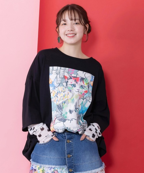 ScoLar(スカラー)の「161634:画家スカラーちゃんネコ柄チュール切替チュニック(チュニック・レディース・ブラック/オフホワイト/パープル・M)」の3枚目の写真