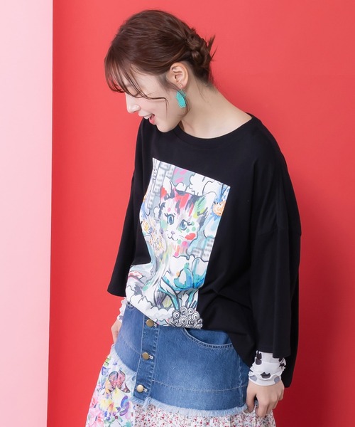 ScoLar(スカラー)の「161634:画家スカラーちゃんネコ柄チュール切替チュニック(チュニック・レディース・ブラック/オフホワイト/パープル・M)」の10枚目の写真