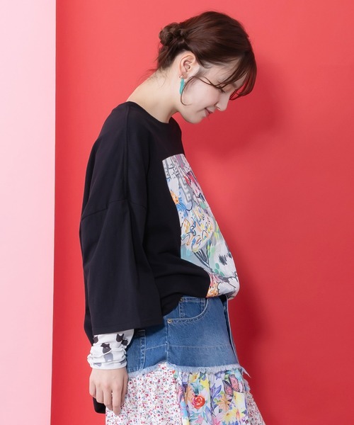 ScoLar(スカラー)の「161634:画家スカラーちゃんネコ柄チュール切替チュニック(チュニック・レディース・ブラック/オフホワイト/パープル・M)」の5枚目の写真