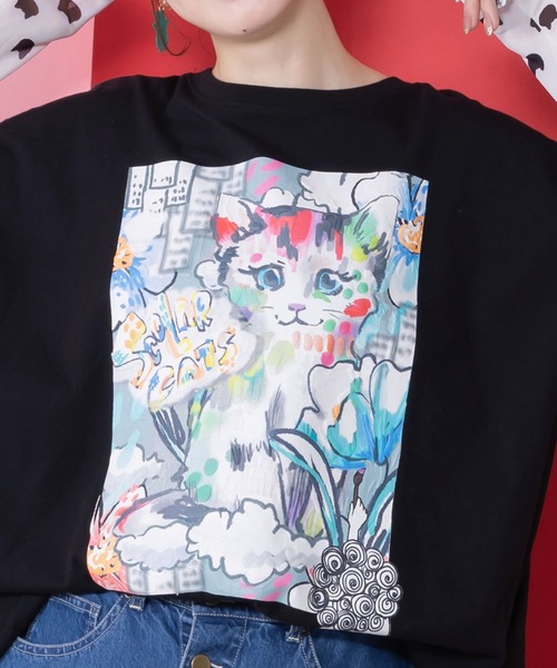 ScoLar(スカラー)の「161634:画家スカラーちゃんネコ柄チュール切替チュニック(チュニック・レディース・ブラック/オフホワイト/パープル・M)」の7枚目の写真