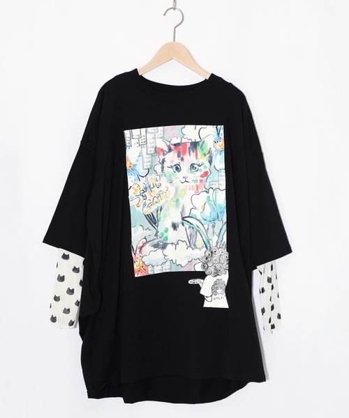 ScoLar(スカラー)の「161634:画家スカラーちゃんネコ柄チュール切替チュニック(チュニック・レディース・ブラック/オフホワイト/パープル・M)」の18枚目の写真