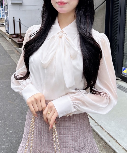 INGNI（イング）の「シアーボウタイブラウス（シャツ/ブラウス・レディース・ブルー系/ホワイト系その他3/ピンク/オフホワイト・M）」の6枚目の写真