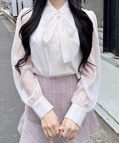 INGNI（イング）の「シアーボウタイブラウス（シャツ/ブラウス・レディース・ブルー系/ホワイト系その他3/ピンク/オフホワイト・M）」の7枚目の写真