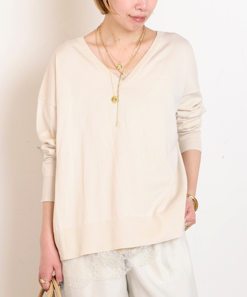 EVERYDAY I LIKE.(エヴリディアイライク)の「*シーアイランドVネックニット(ニット/セーター・レディース・アイボリー/ブラック・FREE)」の2枚目の写真