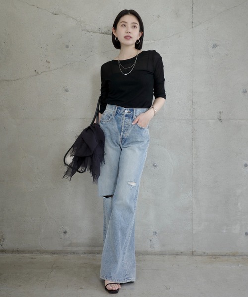 anuans（アニュアンス）の「バックオープンシアーカットトップス（Tシャツ/カットソー・レディース・ブラック/アイボリー/ブラウン・FREE）」の12枚目の写真