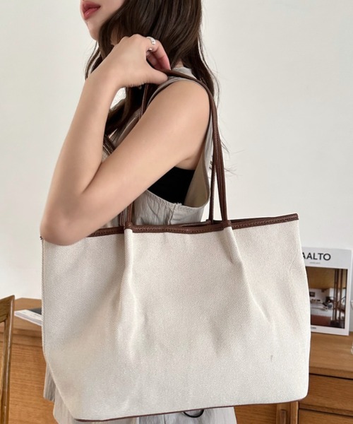 Eclat one(エクラワン)の「【Eclat one】シンプル 横長 キャンバス 肩掛け トート バッグ(トートバッグ・レディース・ホワイト/ブラウン/ブラック・FREE)」の16枚目の写真