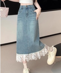 裾レースデニムタイトスカート