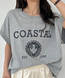 Tシャツ フレンチスリーブ カレッジロゴ プリント クルーネック エンブレム ビッグシルエット オーバーサイズ カジュアル トップス 夏