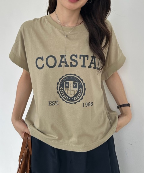 umune(ウムネ)の「Tシャツ フレンチスリーブ カレッジロゴ プリント クルーネック エンブレム ビッグシルエット オーバーサイズ カジュアル トップス 夏(Tシャツ/カットソー・レディース・杢グレー/グレイッシュベージュ/チャコールグレー・FREE)」の3枚目の写真