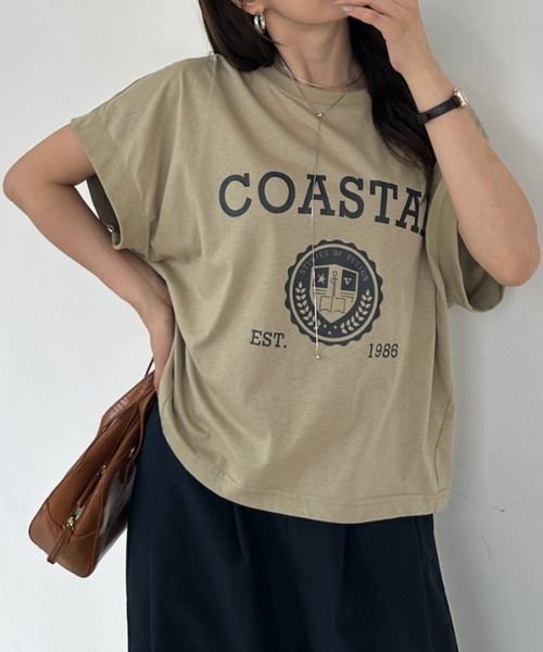 umune(ウムネ)の「Tシャツ フレンチスリーブ カレッジロゴ プリント クルーネック エンブレム ビッグシルエット オーバーサイズ カジュアル トップス 夏(Tシャツ/カットソー・レディース・杢グレー/グレイッシュベージュ/チャコールグレー・FREE)」の4枚目の写真