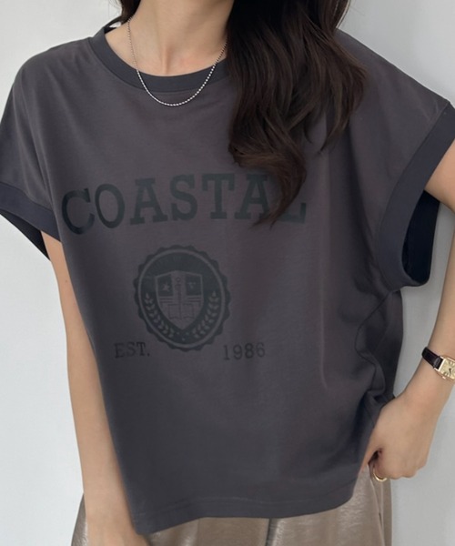 umune(ウムネ)の「Tシャツ フレンチスリーブ カレッジロゴ プリント クルーネック エンブレム ビッグシルエット オーバーサイズ カジュアル トップス 夏(Tシャツ/カットソー・レディース・杢グレー/グレイッシュベージュ/チャコールグレー・FREE)」の7枚目の写真