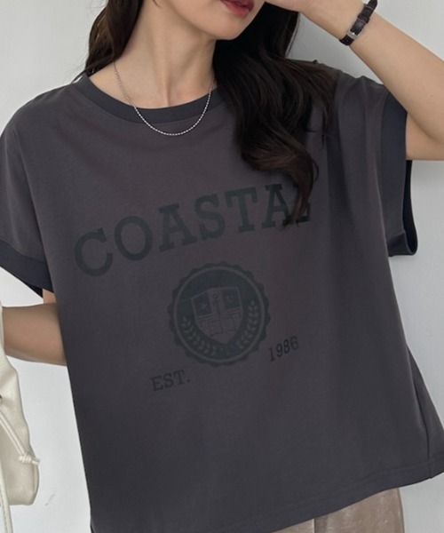 umune(ウムネ)の「Tシャツ フレンチスリーブ カレッジロゴ プリント クルーネック エンブレム ビッグシルエット オーバーサイズ カジュアル トップス 夏(Tシャツ/カットソー・レディース・杢グレー/グレイッシュベージュ/チャコールグレー・FREE)」の8枚目の写真
