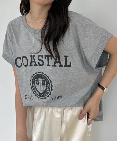 umune(ウムネ)の「Tシャツ フレンチスリーブ カレッジロゴ プリント クルーネック エンブレム ビッグシルエット オーバーサイズ カジュアル トップス 夏(Tシャツ/カットソー・レディース・杢グレー/グレイッシュベージュ/チャコールグレー・FREE)」の9枚目の写真