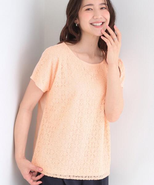 SHOO・LA・RUE（シューラルー）の「【ひんやり/UV/S-LL】1枚で華やか 前後切り替えレースTシャツ（Tシャツ/カットソー・レディース・オレンジ系/ホワイト/ライトブルー/ブラック・04/03/02/01）」の4枚目の写真