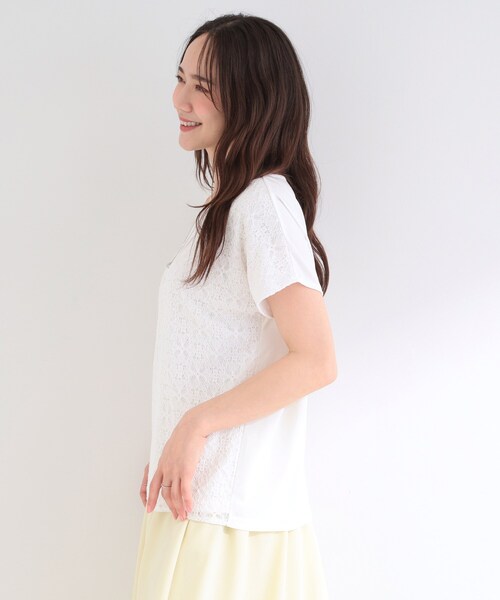 SHOO・LA・RUE（シューラルー）の「【ひんやり/UV/S-LL】1枚で華やか 前後切り替えレースTシャツ（Tシャツ/カットソー・レディース・オレンジ系/ホワイト/ライトブルー/ブラック・04/03/02/01）」の6枚目の写真