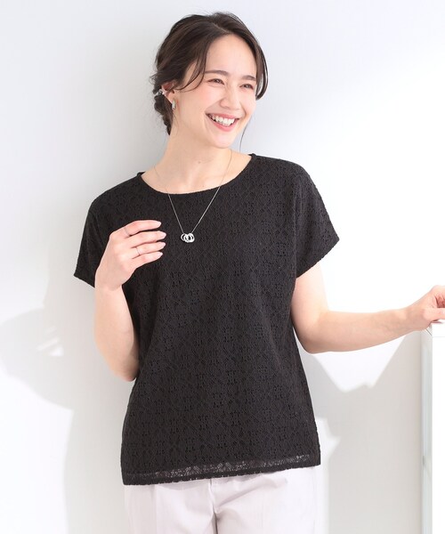 SHOO・LA・RUE（シューラルー）の「【ひんやり/UV/S-LL】1枚で華やか 前後切り替えレースTシャツ（Tシャツ/カットソー・レディース・オレンジ系/ホワイト/ライトブルー/ブラック・04/03/02/01）」の9枚目の写真