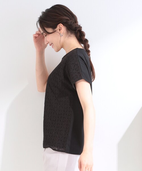 SHOO・LA・RUE（シューラルー）の「【ひんやり/UV/S-LL】1枚で華やか 前後切り替えレースTシャツ（Tシャツ/カットソー・レディース・オレンジ系/ホワイト/ライトブルー/ブラック・04/03/02/01）」の10枚目の写真