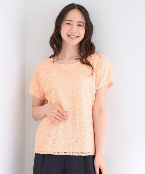 SHOO・LA・RUE（シューラルー）の「【ひんやり/UV/S-LL】1枚で華やか 前後切り替えレースTシャツ（Tシャツ/カットソー・レディース・オレンジ系/ホワイト/ライトブルー/ブラック・04/03/02/01）」の13枚目の写真