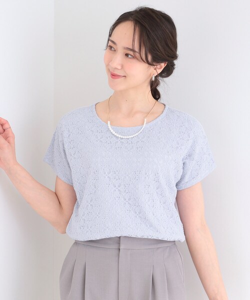 SHOO・LA・RUE（シューラルー）の「【ひんやり/UV/S-LL】1枚で華やか 前後切り替えレースTシャツ（Tシャツ/カットソー・レディース・オレンジ系/ホワイト/ライトブルー/ブラック・04/03/02/01）」の18枚目の写真