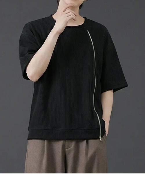 revertical(リバーティカル)の「フロントジッパー サマーニット 半袖Tシャツ(Tシャツ/カットソー・メンズ・グレー/ブルー/ブラック・SMALL/LARGE/MEDIUM)」の1枚目の写真