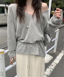 Vネックオフショルダーリボンニットトップス