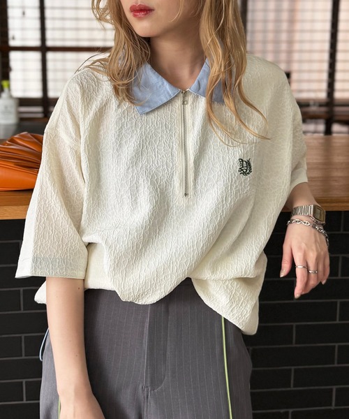 DOUBLE NAME（ダブルネーム）の「ワンポイント刺しゅうハーフZIPシャツ（シャツ/ブラウス・レディース・オフホワイト/ブルー/ブラック・FREE）」の21枚目の写真