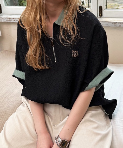 DOUBLE NAME（ダブルネーム）の「ワンポイント刺しゅうハーフZIPシャツ（シャツ/ブラウス・レディース・オフホワイト/ブルー/ブラック・FREE）」の16枚目の写真