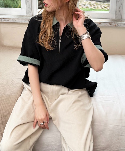 DOUBLE NAME（ダブルネーム）の「ワンポイント刺しゅうハーフZIPシャツ（シャツ/ブラウス・レディース・オフホワイト/ブルー/ブラック・FREE）」の14枚目の写真