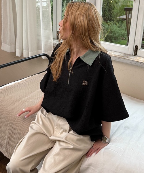 DOUBLE NAME（ダブルネーム）の「ワンポイント刺しゅうハーフZIPシャツ（シャツ/ブラウス・レディース・オフホワイト/ブルー/ブラック・FREE）」の13枚目の写真