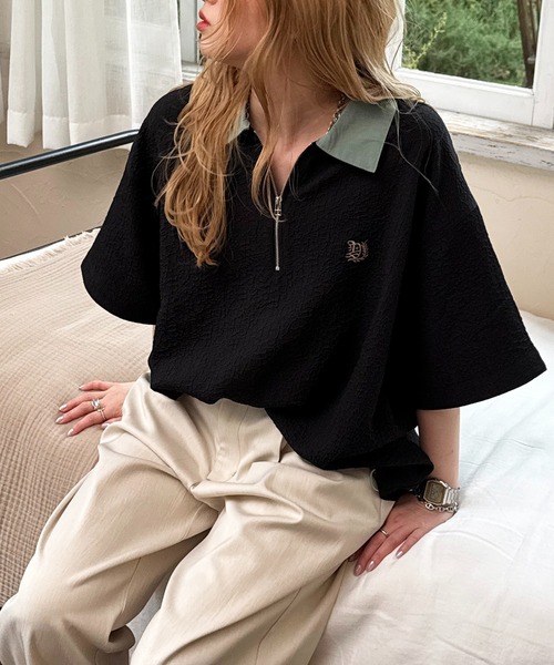 DOUBLE NAME（ダブルネーム）の「ワンポイント刺しゅうハーフZIPシャツ（シャツ/ブラウス・レディース・オフホワイト/ブルー/ブラック・FREE）」の12枚目の写真