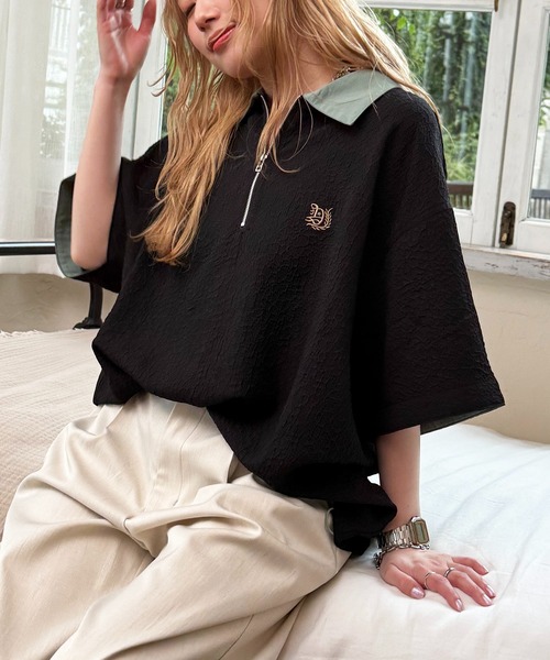 DOUBLE NAME（ダブルネーム）の「ワンポイント刺しゅうハーフZIPシャツ（シャツ/ブラウス・レディース・オフホワイト/ブルー/ブラック・FREE）」の11枚目の写真