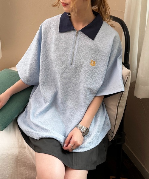 DOUBLE NAME（ダブルネーム）の「ワンポイント刺しゅうハーフZIPシャツ（シャツ/ブラウス・レディース・オフホワイト/ブルー/ブラック・FREE）」の8枚目の写真