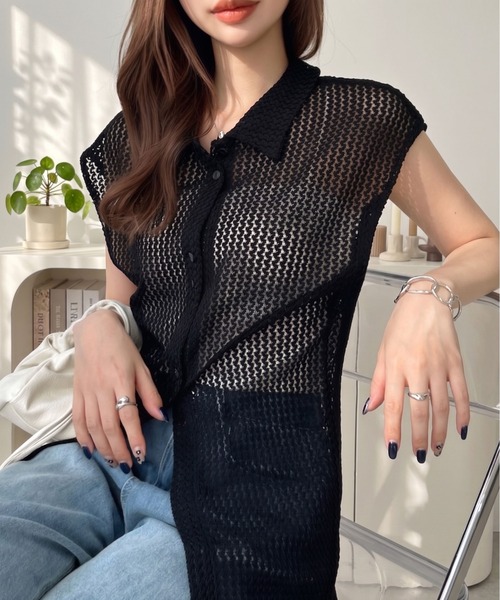 Eclat one(エクラワン)の「【華奢見えフレンチ】大人可愛い抜け感。メッシュ編みフレンチスリーブ襟付きシャツプルオーバー(ニット/セーター・レディース・モカ/ホワイト/ブラック・FREE)」の2枚目の写真