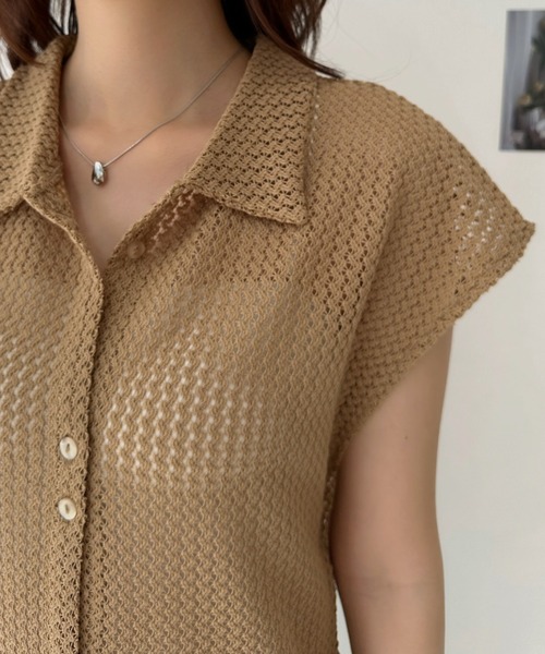 Eclat one(エクラワン)の「【華奢見えフレンチ】大人可愛い抜け感。メッシュ編みフレンチスリーブ襟付きシャツプルオーバー(ニット/セーター・レディース・モカ/ホワイト/ブラック・FREE)」の8枚目の写真