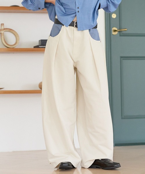 PBLIM（ページボーイリム）の「《UNISEX》チェックポケットワイドスラックス（スラックス・レディース・ブラック/アイボリー・MEDIUM/LARGE）」の2枚目の写真