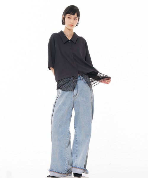 NOMINE（ノミネ）の「レイヤードヘム レース切替 半袖シャツ（シャツ/ブラウス・レディース・アイボリー/ブラウン/チャコールグレー・フリー）」の12枚目の写真