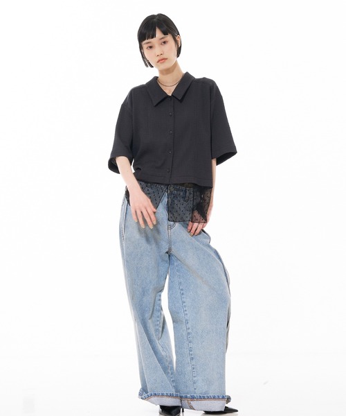 NOMINE（ノミネ）の「レイヤードヘム レース切替 半袖シャツ（シャツ/ブラウス・レディース・アイボリー/ブラウン/チャコールグレー・フリー）」の13枚目の写真