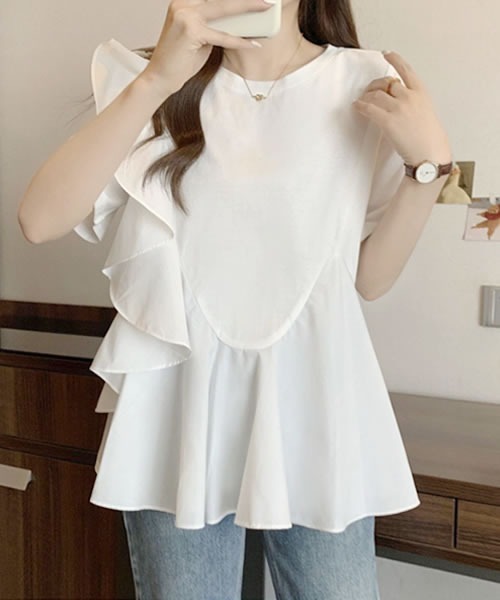 Pittok(ピットク)の「フリルペプラム異素材フレアTシャツプルオーバー(Tシャツ/カットソー・レディース・ブラック/ホワイト・MEDIUM)」の2枚目の写真