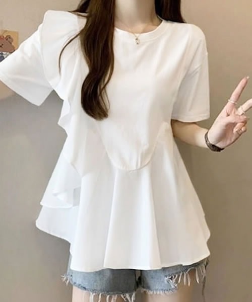 Pittok(ピットク)の「フリルペプラム異素材フレアTシャツプルオーバー(Tシャツ/カットソー・レディース・ブラック/ホワイト・MEDIUM)」の5枚目の写真