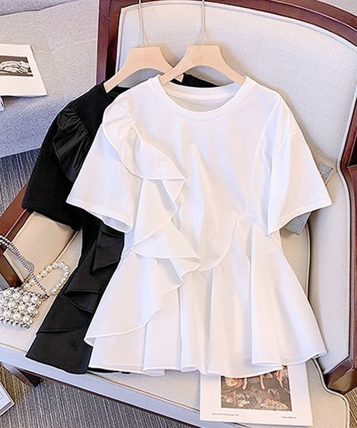 Pittok(ピットク)の「フリルペプラム異素材フレアTシャツプルオーバー(Tシャツ/カットソー・レディース・ブラック/ホワイト・MEDIUM)」の7枚目の写真
