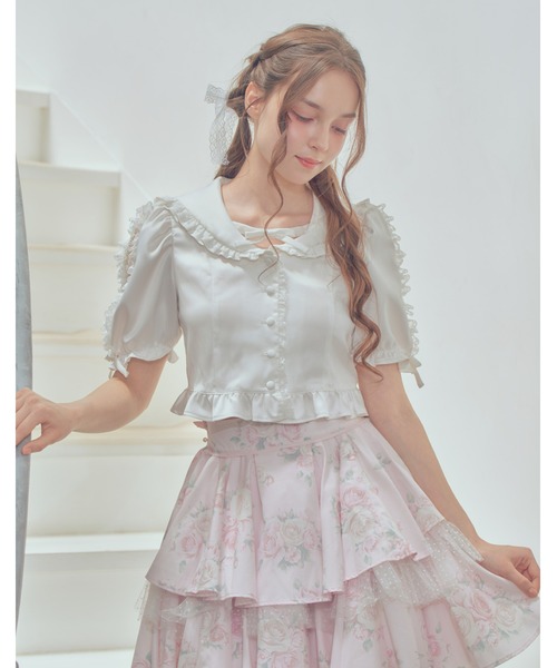 mellfy memory(メルフィーメモリー)の「Lace sleeves sweet satin blouse(シャツ/ブラウス・レディース・ホワイト/ピンク・FREE)」の2枚目の写真