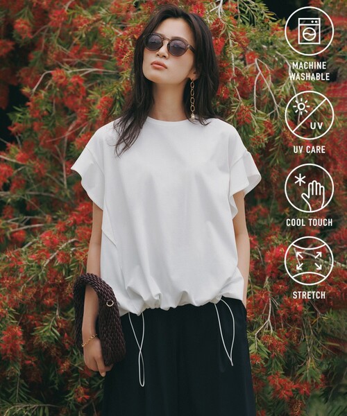 UNFILO(アンフィーロ)の「プレーティング フレアスリーブ Tシャツ(Tシャツ/カットソー・レディース・ブラック系/ホワイト系/グリーン系/ダークブラウン系/ベージュ系・SMALL/MEDIUM/LARGE)」の2枚目の写真