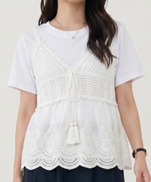 ビスチェ Tシャツ セット アンサンブル 2点セット かぎ針編み風 レース タッセルリボン ペプラム 半袖 カットソー 夏