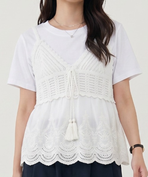 umune(ウムネ)の「ビスチェ Tシャツ セット アンサンブル 2点セット かぎ針編み風 レース タッセルリボン ペプラム 半袖 カットソー 夏(アンサンブル・レディース・オフホワイト/アイボリー・FREE)」の2枚目の写真